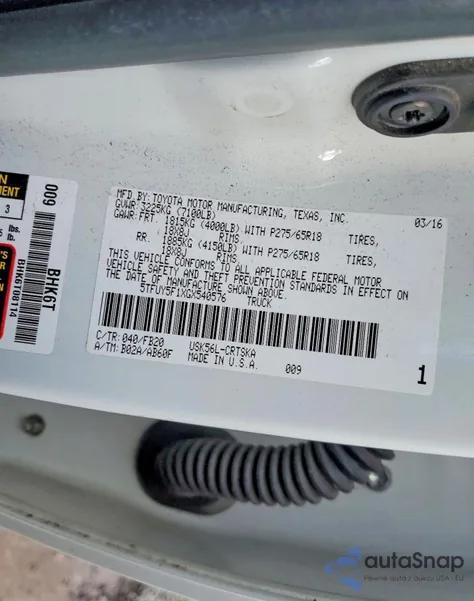 2016 Toyota Tundra Double Cab Sr z USA, uszkodzony, nr VIN 5TFUY5F1XGX540576